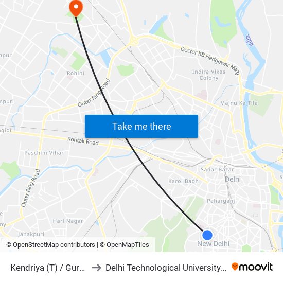 Kendriya (T) / Gurudwara Rakab Gunj to Delhi Technological University Delhi College Of Engineering map