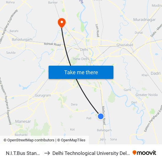 N.I.T.Bus Stand (Faridabad) to Delhi Technological University Delhi College Of Engineering map