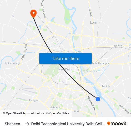Shaheen Bagh to Delhi Technological University Delhi College Of Engineering map