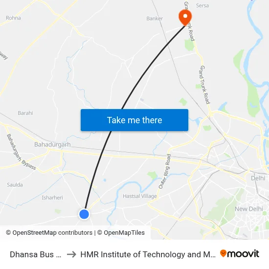 Dhansa Bus Stand to HMR Institute of Technology and Management map