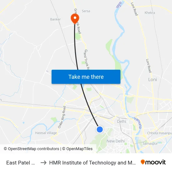 East Patel Nagar to HMR Institute of Technology and Management map