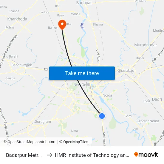 Badarpur Metro Station to HMR Institute of Technology and Management map