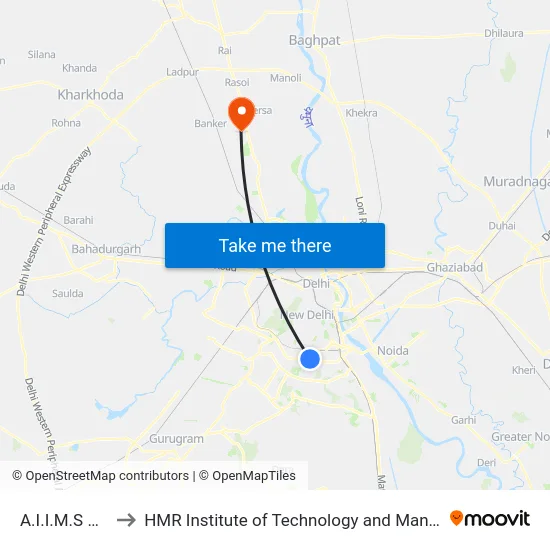 A.I.I.M.S Delhi to HMR Institute of Technology and Management map
