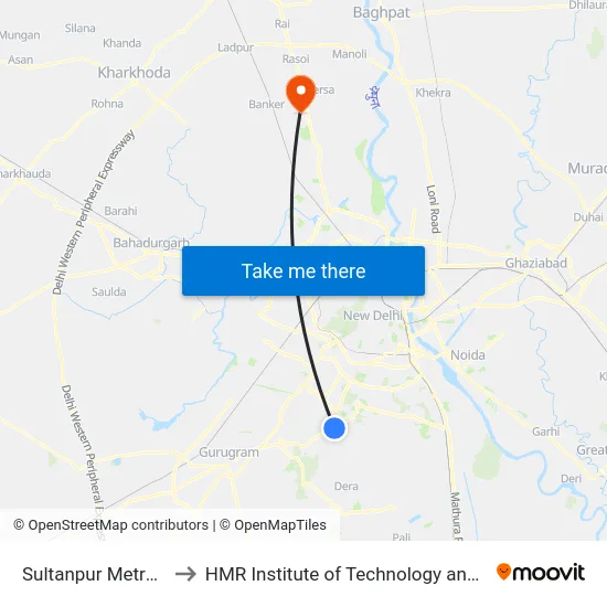 Sultanpur Metro Station to HMR Institute of Technology and Management map