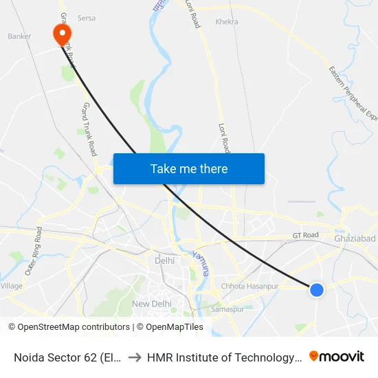 Noida Sector 62 (Electronic City) to HMR Institute of Technology and Management map