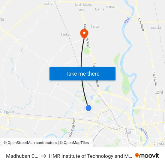 Madhuban Chowk to HMR Institute of Technology and Management map