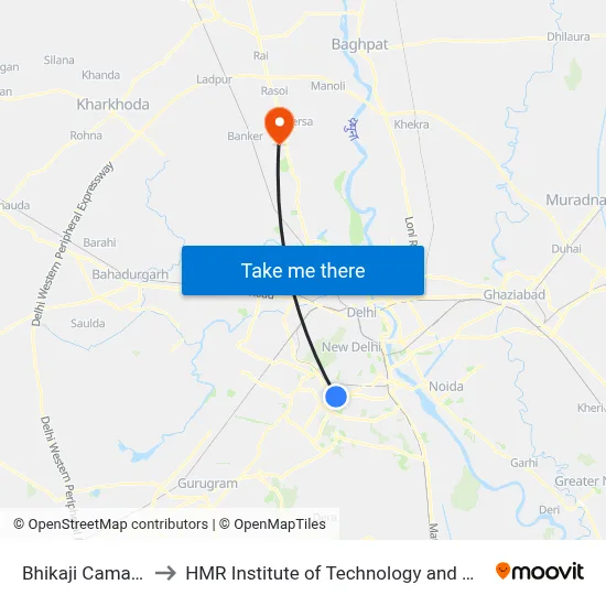 Bhikaji Cama Place to HMR Institute of Technology and Management map