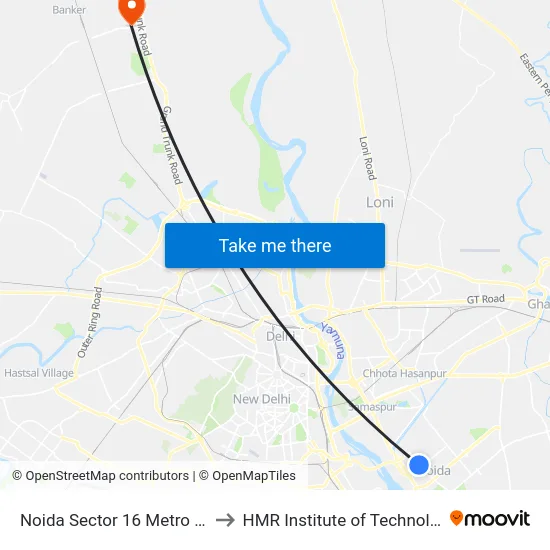 Noida Sector 16 Metro Station / Atta Chowk to HMR Institute of Technology and Management map