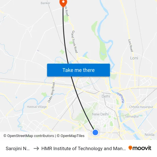 Sarojini Nagar to HMR Institute of Technology and Management map