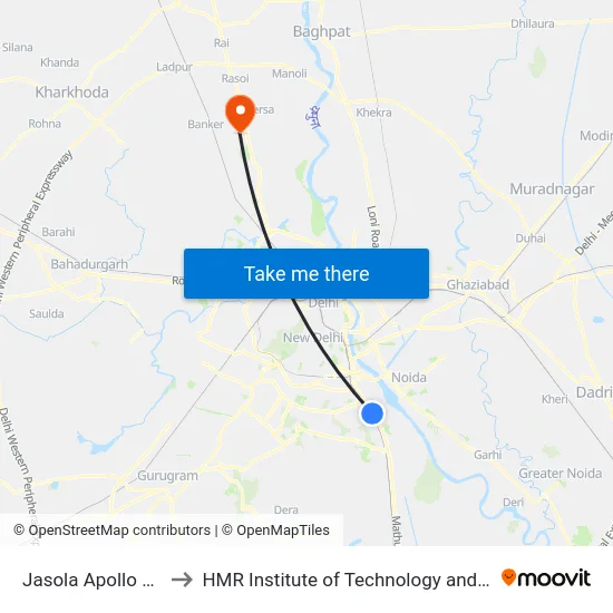 Jasola Apollo Hospital to HMR Institute of Technology and Management map