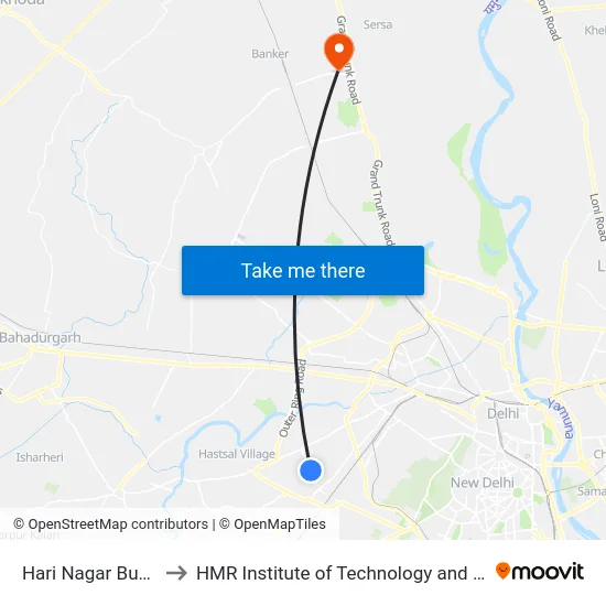 Hari Nagar Bus Depot to HMR Institute of Technology and Management map