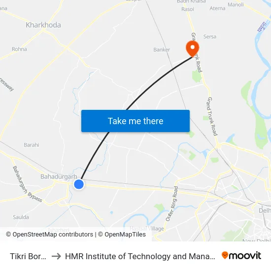 Tikri Border to HMR Institute of Technology and Management map