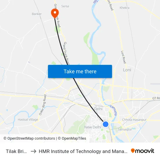 Tilak Bridge to HMR Institute of Technology and Management map