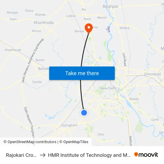 Rajokari Crossing to HMR Institute of Technology and Management map