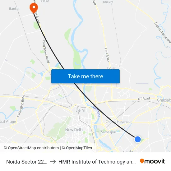 Noida Sector 22-H Block to HMR Institute of Technology and Management map