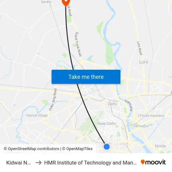 Kidwai Nagar to HMR Institute of Technology and Management map