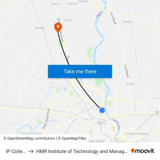 IP College to HMR Institute of Technology and Management map