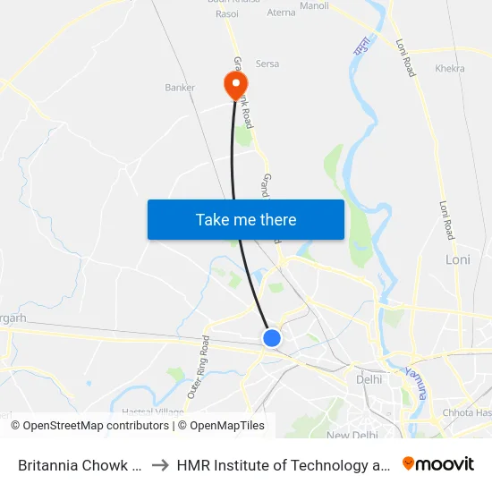 Britannia Chowk Shakurpur to HMR Institute of Technology and Management map