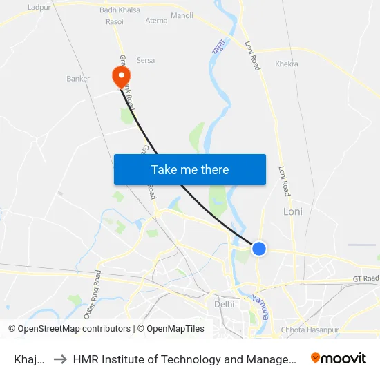 Khajuri to HMR Institute of Technology and Management map