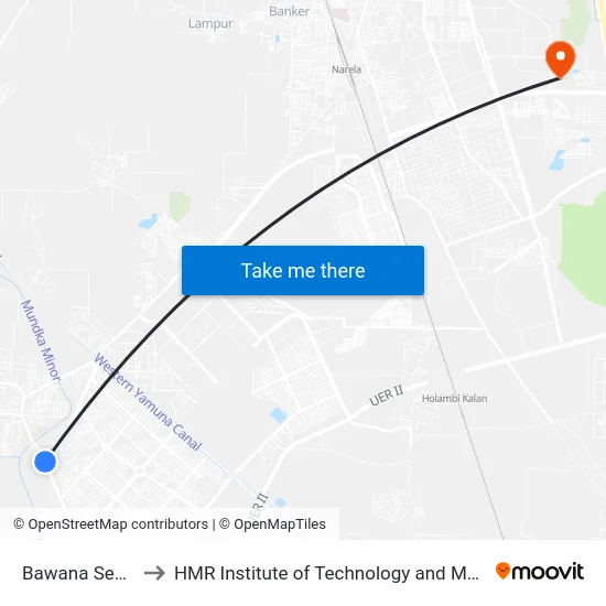 Bawana Sector 1 to HMR Institute of Technology and Management map
