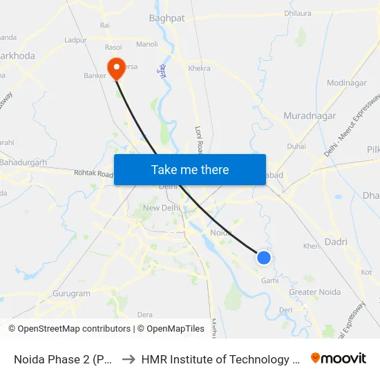 Noida Phase 2 (Phool Mandi) to HMR Institute of Technology and Management map
