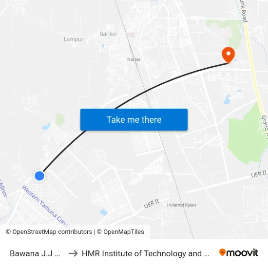 Bawana J.J Colony to HMR Institute of Technology and Management map