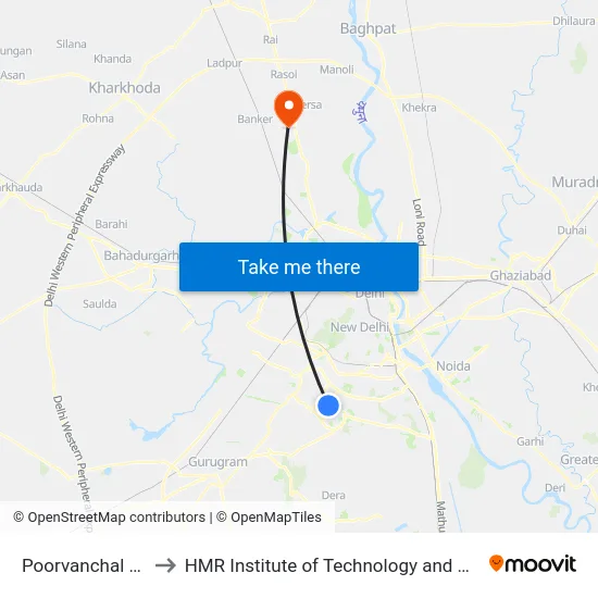 Poorvanchal Hostel to HMR Institute of Technology and Management map