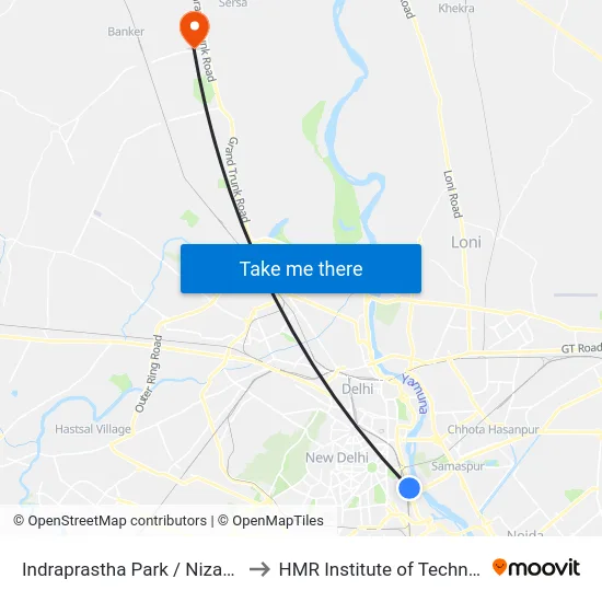 Indraprastha Park / Nizamuddin Road Bridge East to HMR Institute of Technology and Management map