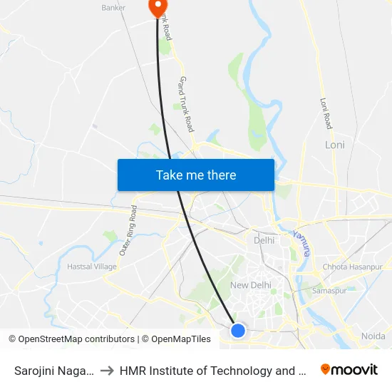 Sarojini Nagar Mkt. to HMR Institute of Technology and Management map