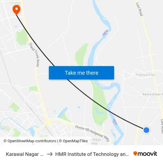 Karawal Nagar Terminal to HMR Institute of Technology and Management map