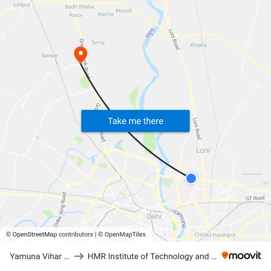 Yamuna Vihar Brijpuri to HMR Institute of Technology and Management map