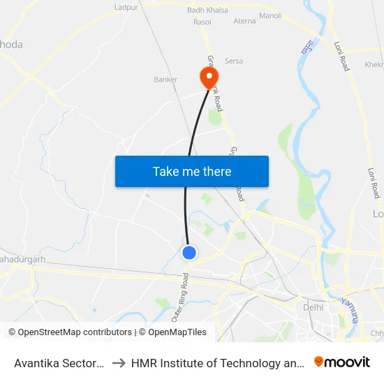 Avantika Sector 1 Rohini to HMR Institute of Technology and Management map