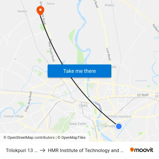 Trilokpuri 13 Block to HMR Institute of Technology and Management map