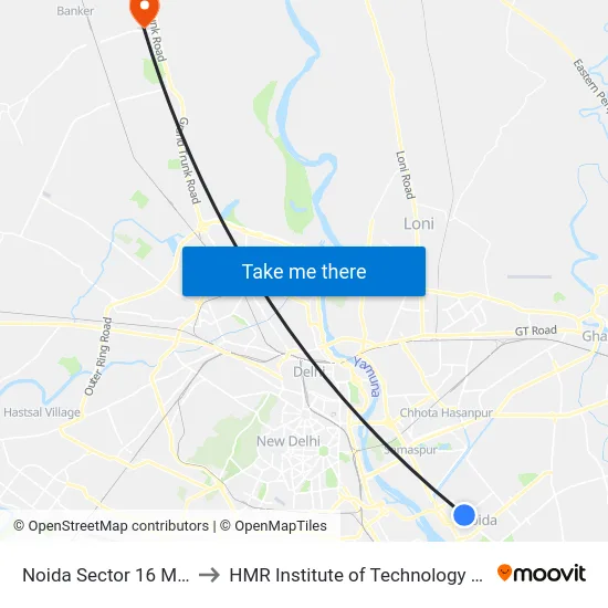 Noida Sector 16 Metro Station to HMR Institute of Technology and Management map