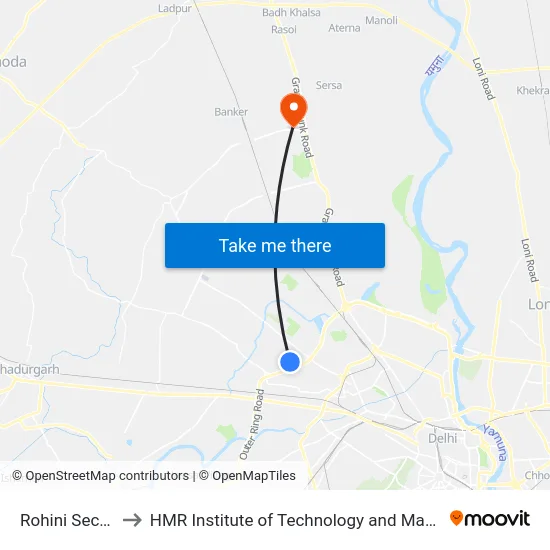 Rohini Sector 7 to HMR Institute of Technology and Management map