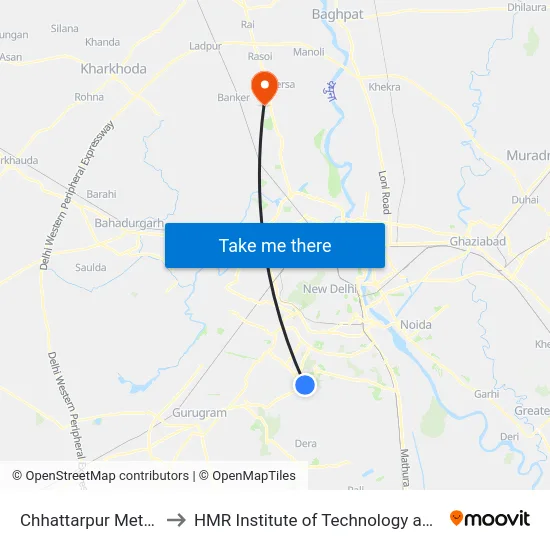 Chhattarpur Metro Station to HMR Institute of Technology and Management map