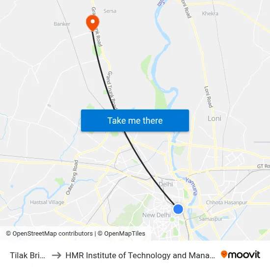 Tilak Bridge to HMR Institute of Technology and Management map
