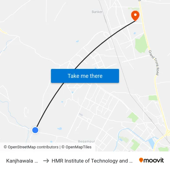 Kanjhawala Chowk to HMR Institute of Technology and Management map