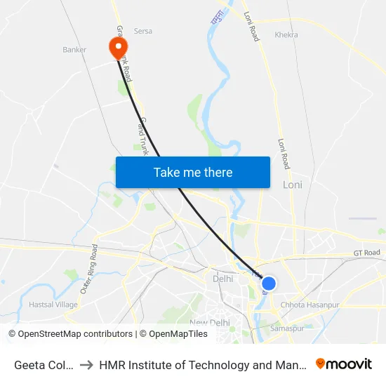 Geeta Colony to HMR Institute of Technology and Management map