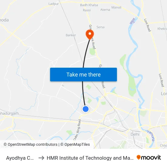 Ayodhya Chowk to HMR Institute of Technology and Management map