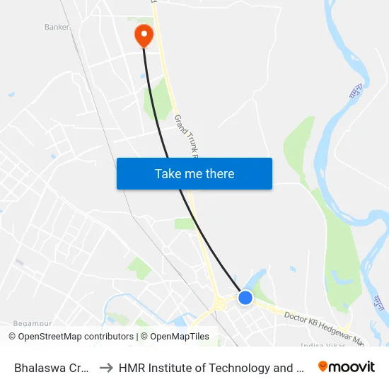 Bhalaswa Crossing to HMR Institute of Technology and Management map