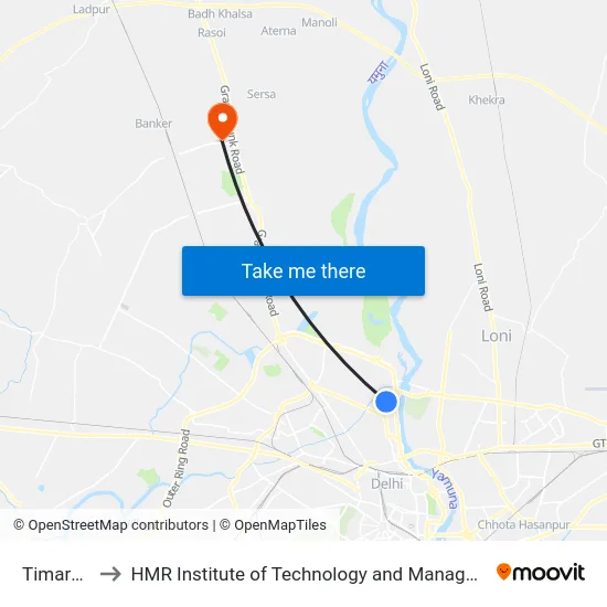 Timarpur to HMR Institute of Technology and Management map