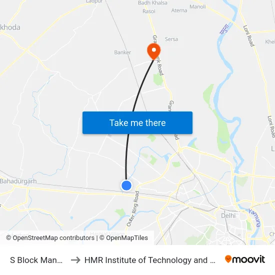 S Block Mangolpuri to HMR Institute of Technology and Management map