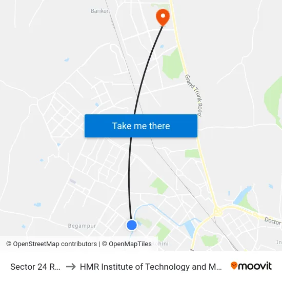 Sector 24 Rohini to HMR Institute of Technology and Management map