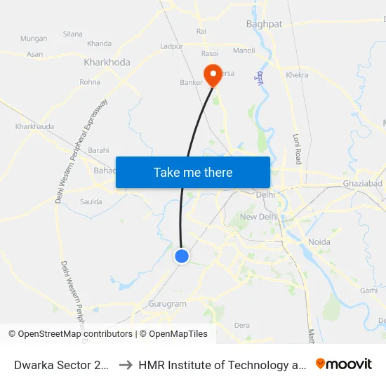 Dwarka Sector 21 Crossing to HMR Institute of Technology and Management map