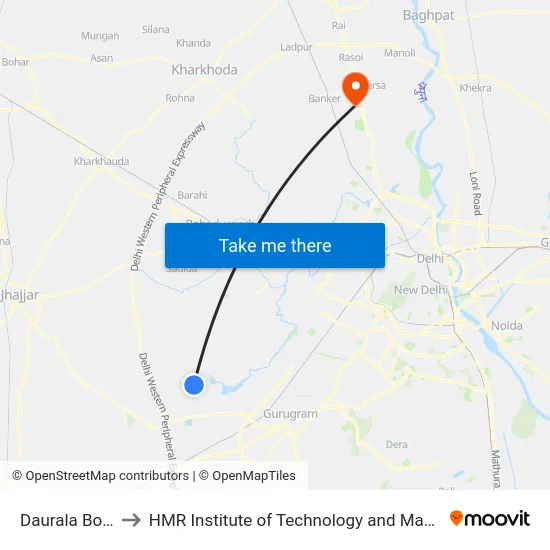 Daurala Border to HMR Institute of Technology and Management map