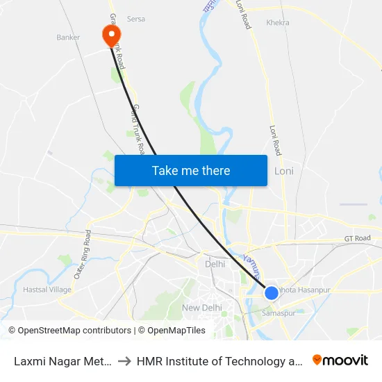 Laxmi Nagar Metro Station to HMR Institute of Technology and Management map