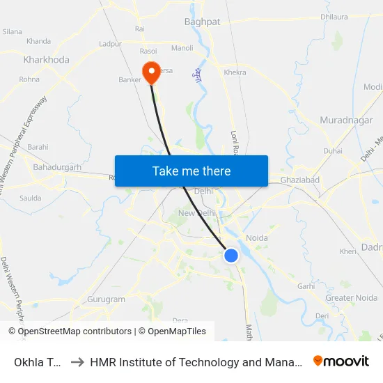 Okhla Tank to HMR Institute of Technology and Management map