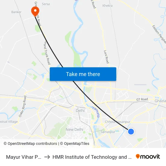 Mayur Vihar Phase 3 to HMR Institute of Technology and Management map