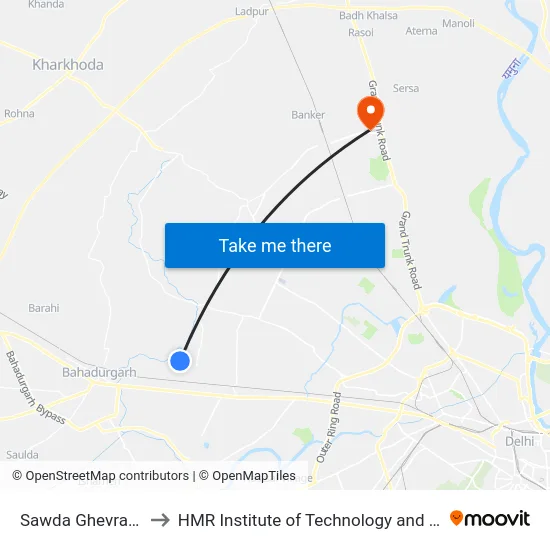 Sawda Ghevra Village to HMR Institute of Technology and Management map